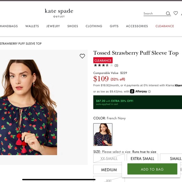 Kate Spade Navy Blue with Strawberry Print Tossed strawberry puff sleeve top - Picture 8 of 11